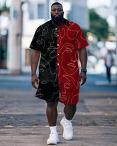 Men's Plus Size Street Fashion Black And Red Color Matching Graffiti Simple Pen Portrait Print Shirt Shorts Suit