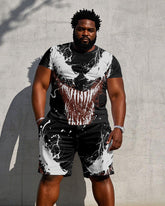 Men's Plus Size Street Fashion Tear Roar Pattern Short Sleeve T-Shirt Shorts Suit