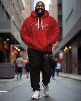 Men's Casual Red And Black Inspirational Phrase Letter Print Plus Size Hoodie Suit
