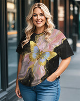 Women's Plus Size Pink Butterfly Abstract Texture Print Round Neck Short Sleeve Tee