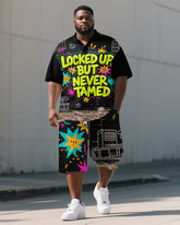 Big Men's Funny Lettering Cartoon Prison Streetwear Short Sleeve Polo Shirt Shorts Set