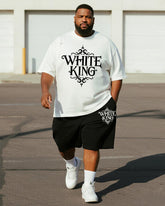 Big & Tall Men's Gothic White King Alphabet Print Round Neck Short Sleeve T-Shirt Shorts Suit