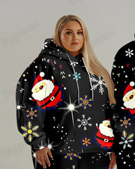 Couple Fashion Casual Big and Tall Black Christmas Print Hoodie Set