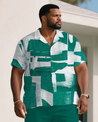 Men's Plus Size Green Brush Graffiti Art Short Sleeve Shirt Shorts Suit