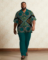 Big & Tall Men's Business Green Luxury Pattern Printed Short Sleeve Shirt Trousers Suit