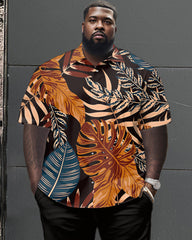 Leaf Pattern Large Size Classic Print Men's Short Sleeve Trousers Set