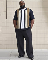Big Man's Daily Casual Striped Color Block Printing Short Sleeve Shirt Trousers Suit