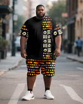 Men's Plus Size Black Orange Geometric Print Short Sleeve T-Shirt Shorts Suit