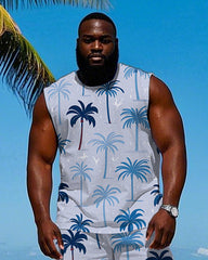 Big Men's Coconut Tree Silhouette Printed Hawaiian Vest and Shorts Set