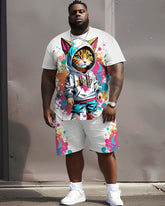 Men's Big & Tall Street Fashion Graffiti Cat Print T-Shirt Shorts Set