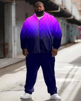 Men's Plus Size Street Fashion Gradient Diamond Print Sport Zip Hoodie Suit
