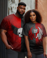 Couple Large Size Skull Wings Color Block Round Neck Short Sleeve T-Shirt