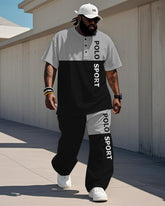 Men's Plus Size Black And Grey Colorblock Alphabet Print Henry Collar T-Shirt Trousers Suit