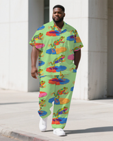 Big Men's Animal Cartoon World Frog Printed Short-Sleeve Shirt Pants 2-Piece Sets