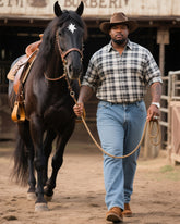 Plus Size Men's Western Style Retro Plaid Long Sleeve Shirt Jeans Suit