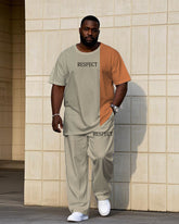 Men's Plus Size Casual Khaki & Test Colorblock "Respect" Chest Print Short Sleeve T-Shirt Trousers Suit
