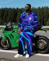 Big Men's Modern Abstract Cool Radiation Lightning Printed Casual Long Sleeve Shirt and Pants Set