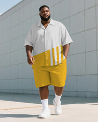 Men's Plus Size Casual Business Yellow Striped Print Shirt Shorts Suit