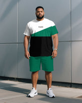 Men's Plus Size Green & White & Black Colorblock Chest King Print Round Neck Short Sleeve T-Shirt Shorts Suit
