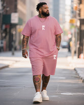 Big & Tall Men's Black Simple Letter Twig Knitted Crewneck Short-sleeved T-shirt Shorts Suit