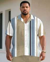 Men's Plus Size Khaki & Blue Skinny Print Short Sleeve Shirt Shorts Suit