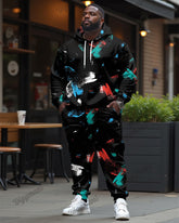 Men's Plus Size Tracksuit Color Brush Print Hoodie and Sweatpants Set