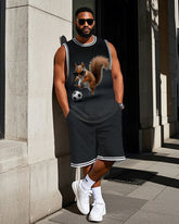 Men's Big Size Cute Cartoon Squirrel Playing Football Printed Basketball Vest and Shorts Set