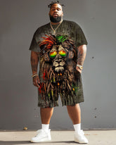 Men Plus Size Street Fashion Graffiti Lion Print T-Shirt Shorts Set
