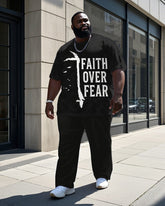 Men's Round Neck Retro FAITH OVER FEAR Printed Big & Tall Short Sleeve T-shirt Pants Set