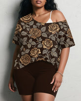 Women's Plus Size Daily Casual Retro Brown Rose Print Short Sleeve Shorts Suit