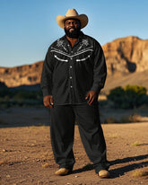 Big Guy's Western Cowboy Style Simple Embroidery Printed Long Sleeve Shirt Pants Set