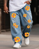 Plus Size Boys 2025 Fashion Street Flame Circle Print Jeans