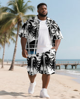 Big Men's Classic Hawaiian Coconut Trees Painting Style 2-Piece Short Sleeve Shirt Shorts Suit