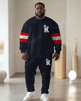 Men's Simple Red Stripe K-letter Print Plus Size Round Collar Sweatshirt Suit