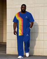 Men's Plus Size Rainbow Color Block Blue Short Sleeve T-shirt Trousers Suit