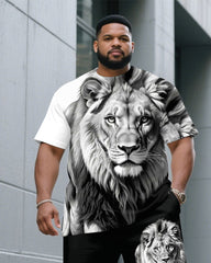 Big & Tall Men White & Black 3D Lion Print Round Neck Short Sleeve T-Shirt Shorts Suit