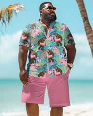 Big Men's Hawaiian Coconut Tree Orangutan Print Shirt Shorts Set
