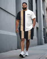 Men's Plus Size Black & White & Khaki Colorblock Fashion Round Neck Short Sleeve T-Shirt Shorts Suit