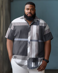 Men's Plus Size Geometric Colorblock Button Down Short Sleeve Shirt