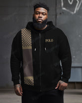 Men's Plus Size Simple Plaid Patchwork Letter Printed Zipper Cardigan Hoodie