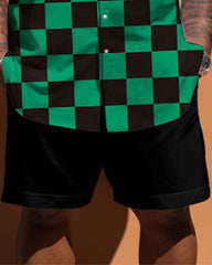 Men's Big & Tall Green Plaid Print Short Sleeve Shirt Shorts Set