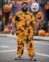Big & Tall Men's Halloween Orange Black Color Cartoon Pumpkin Bat Print T-Shirt Pants Suit