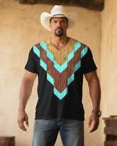Men's Plus Size Black Western Denim Neck Geometric Print V-Neck Short Sleeve Tee