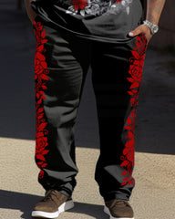 Rose Flower Skull Print T-shirt Trousers Suit Men's Large