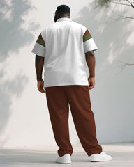 Big & Tall Men's Business Brown Contrast Striped Printed Short Sleeve Shirt Trousers Suit