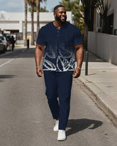 Men's Plus Size Blue Gradient Leaf Print Henley Collar T-Shirt Pants Suit