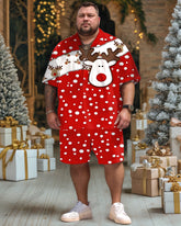 Men's Plus Size Christmas Red Elk Polka Dot Print Short Sleeve Shirt Shorts Suit