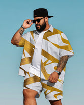 Men's Classic Golden Geometric Pattern Printed Big Size Short Sleeve Shirt and Shorts Set