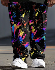 Men's Large Casual Color Ink Print T-Shirt Trousers Suit