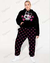 Women's Street Fashion Bowknot Skull Heart Print Plus Size Hoodie Suit